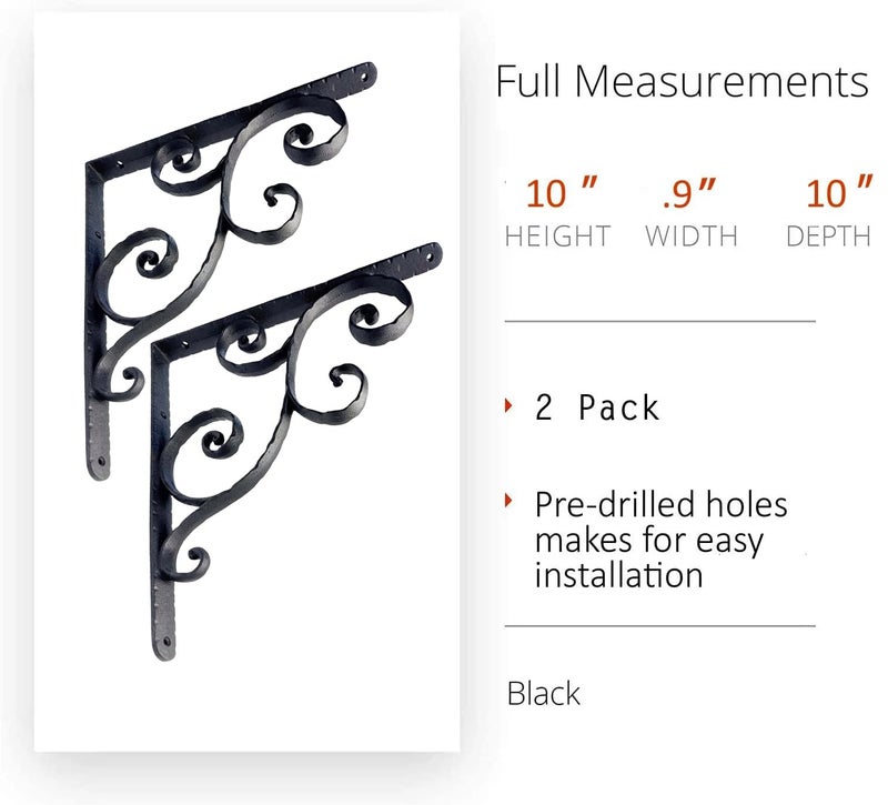 NACH Decorative Shelf Brackets, 2 Pack of 10 x 0.9 x 10 inch, Black Cast Iron Shelving Brackets - Metal Shelf Brackets for Wall - Victorian Scroll Shelf Bracket - Image 2